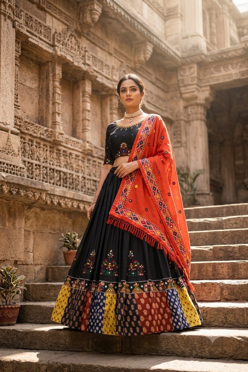 Black & Orange Mirror Work Muslin Cotton Lehenga Choli Set with Dupatta