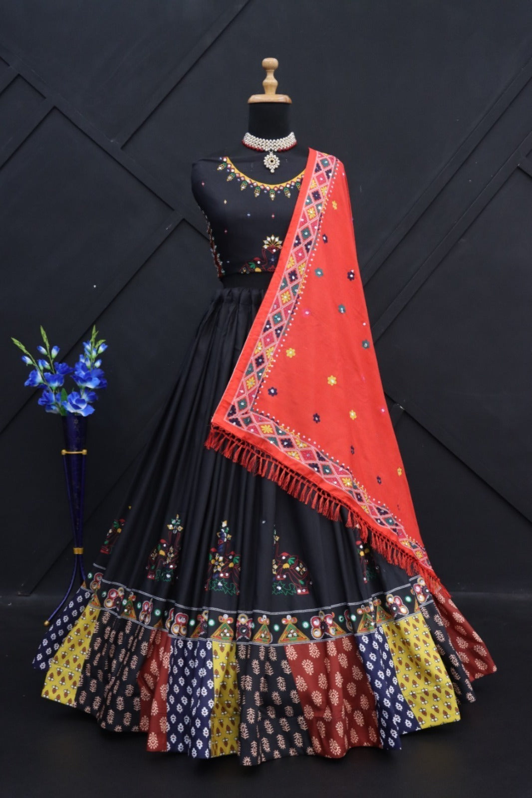 Black & Orange Mirror Work Muslin Cotton Lehenga Choli Set with Dupatta