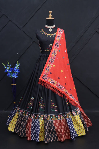 Black & Orange Mirror Work Muslin Cotton Lehenga Choli Set with Dupatta