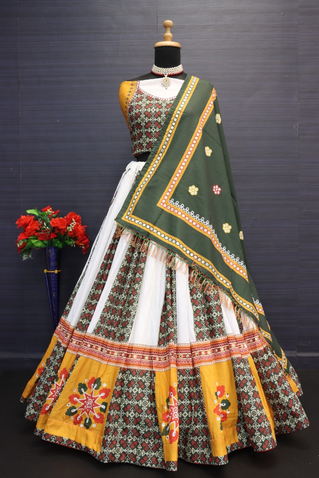 Olive Green & Ivory Mirror Work Muslin Cotton Lehenga Choli Set with Dupatta