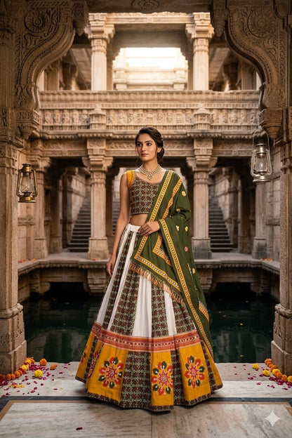 Olive Green & Ivory Mirror Work Muslin Cotton Lehenga Choli Set with Dupatta
