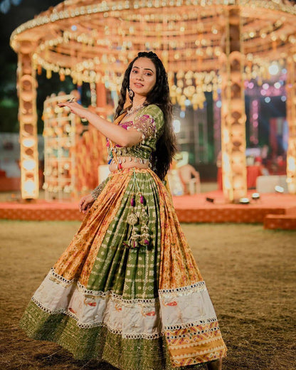 Pink, Orange & Green Digital Print Mirror Work Muslin Cotton Lehenga Choli Set