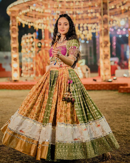 Pink, Orange & Green Digital Print Mirror Work Muslin Cotton Lehenga Choli Set