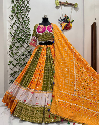 Pink, Orange & Green Digital Print Mirror Work Muslin Cotton Lehenga Choli Set
