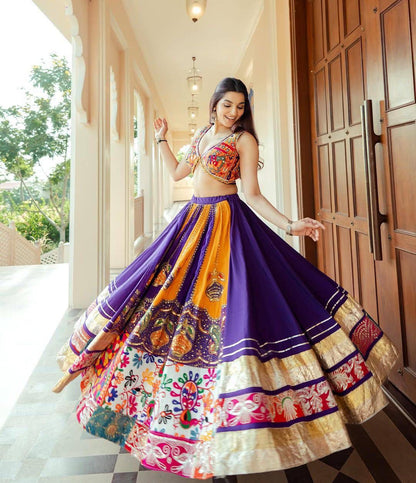 Purple & Multicolour Digital Print Mirror Work Muslin Cotton Lehenga Choli Set