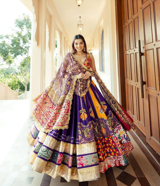 Purple & Multicolour Digital Print Mirror Work Muslin Cotton Lehenga Choli Set