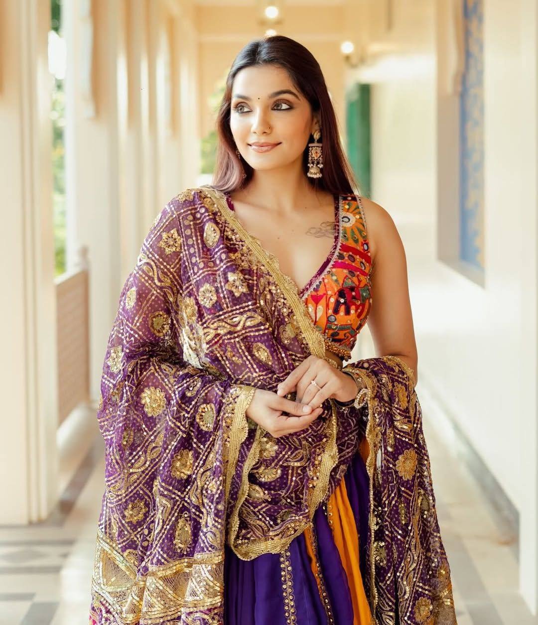 Purple & Multicolour Digital Print Mirror Work Muslin Cotton Lehenga Choli Set