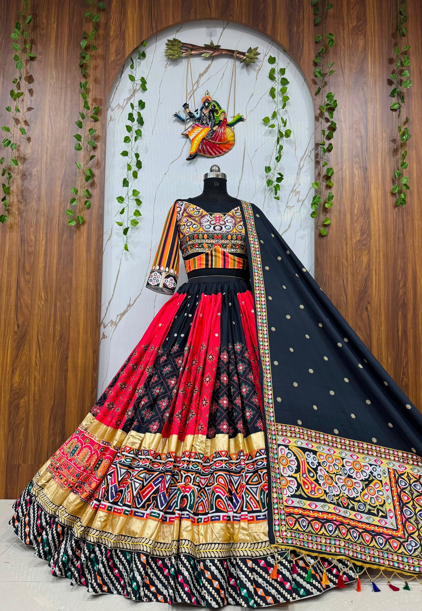 Deep Navy Blue & Red Digital Print Mirror Work Malai Silk Lehenga Choli Set