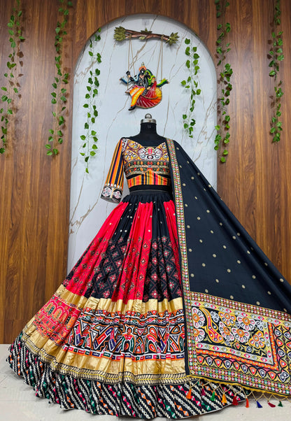Deep Navy Blue & Red Digital Print Mirror Work Malai Silk Lehenga Choli Set