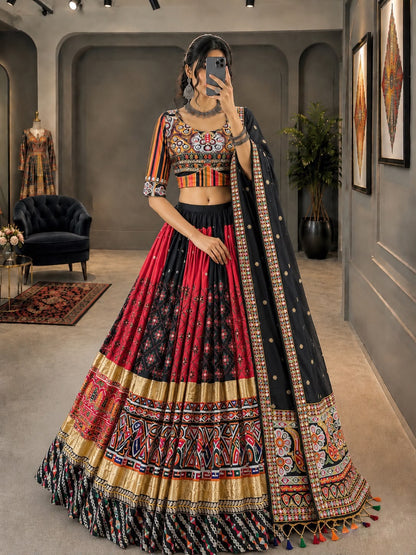 Deep Navy Blue & Red Digital Print Mirror Work Malai Silk Lehenga Choli Set