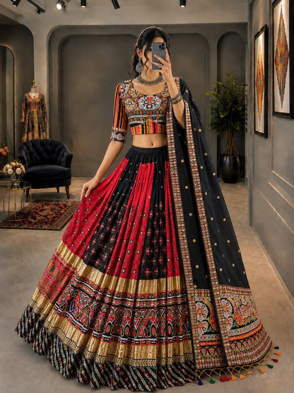 Deep Navy Blue & Red Digital Print Mirror Work Malai Silk Lehenga Choli Set