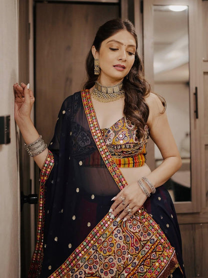 Deep Navy Blue & Red Digital Print Mirror Work Malai Silk Lehenga Choli Set