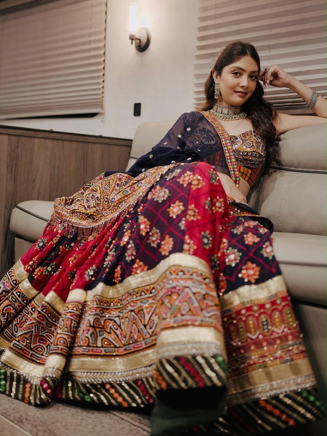 Deep Navy Blue & Red Digital Print Mirror Work Malai Silk Lehenga Choli Set