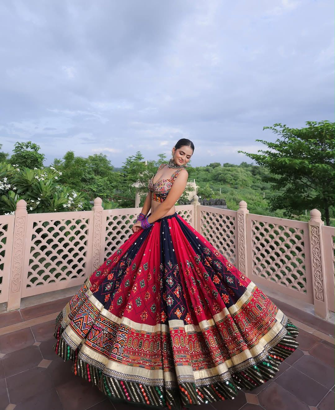 Deep Navy Blue & Red Digital Print Mirror Work Malai Silk Lehenga Choli Set