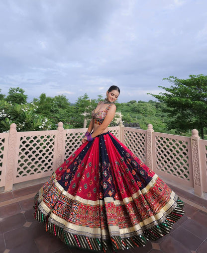 Deep Navy Blue & Red Digital Print Mirror Work Malai Silk Lehenga Choli Set