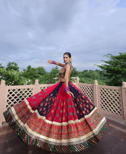 Deep Navy Blue & Red Digital Print Mirror Work Malai Silk Lehenga Choli Set
