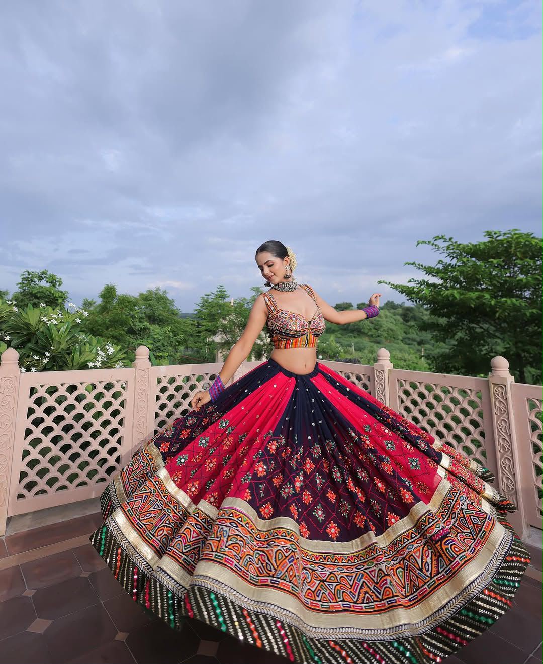 Deep Navy Blue & Red Digital Print Mirror Work Malai Silk Lehenga Choli Set