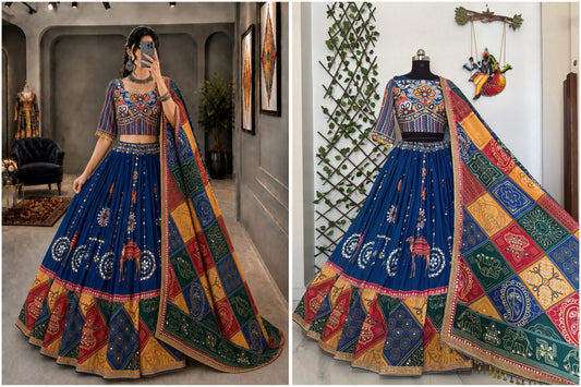 Royal Blue Multicolour Digital Print Mirror & Kodi Work Muslin Cotton Lehenga Choli Set