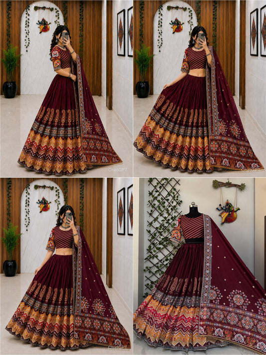 Wine Maroon Multicolour Digital Print Mirror Work Muslin Cotton Lehenga Choli Set