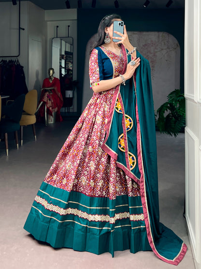 Teal Green & Wine Printed Tasar Silk Lehenga Choli Set with Mirror Gamthi Dupatta