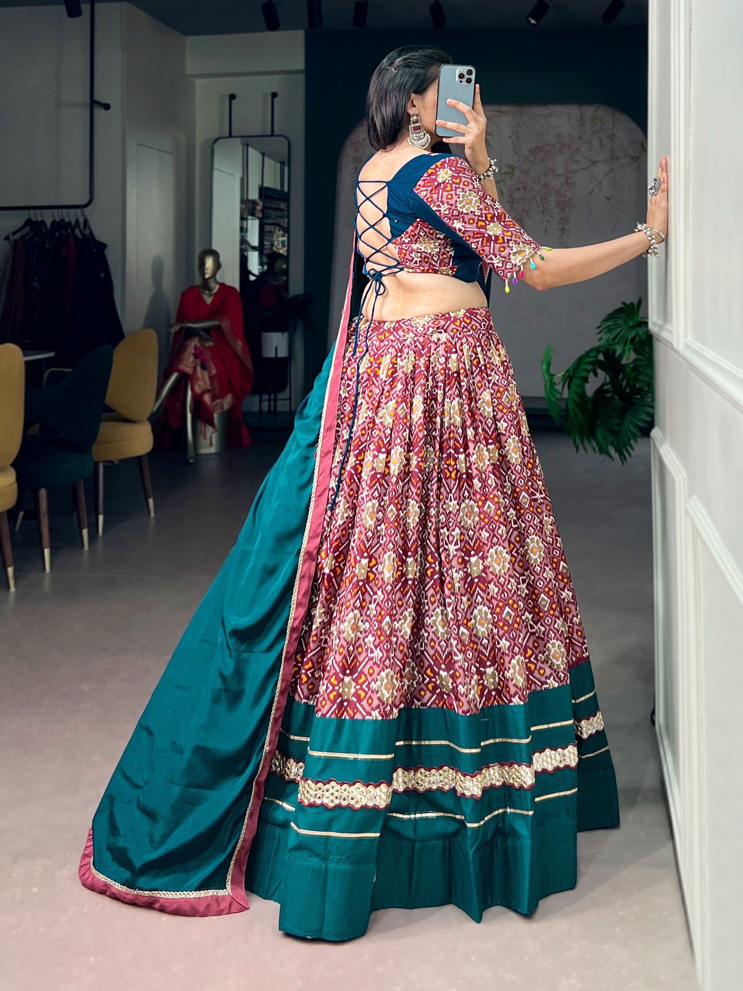 Teal Green & Wine Printed Tasar Silk Lehenga Choli Set with Mirror Gamthi Dupatta