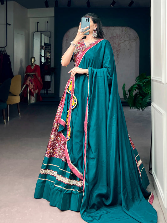 Teal Green & Wine Printed Tasar Silk Lehenga Choli Set with Mirror Gamthi Dupatta