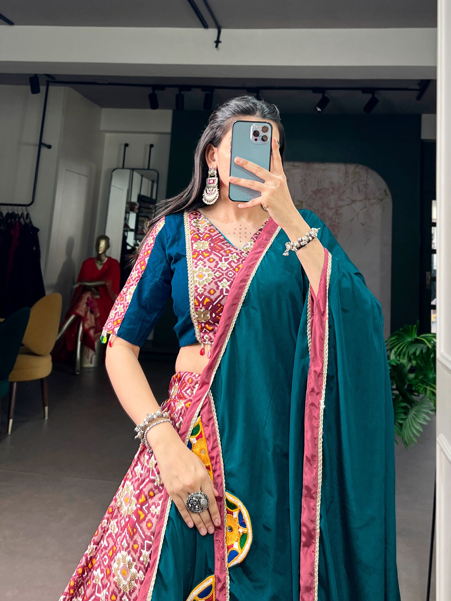 Teal Green & Wine Printed Tasar Silk Lehenga Choli Set with Mirror Gamthi Dupatta