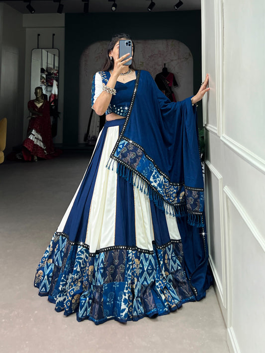 Royal Blue & Ivory Mirror Work Rayon Lehenga Choli Set with Dupatta