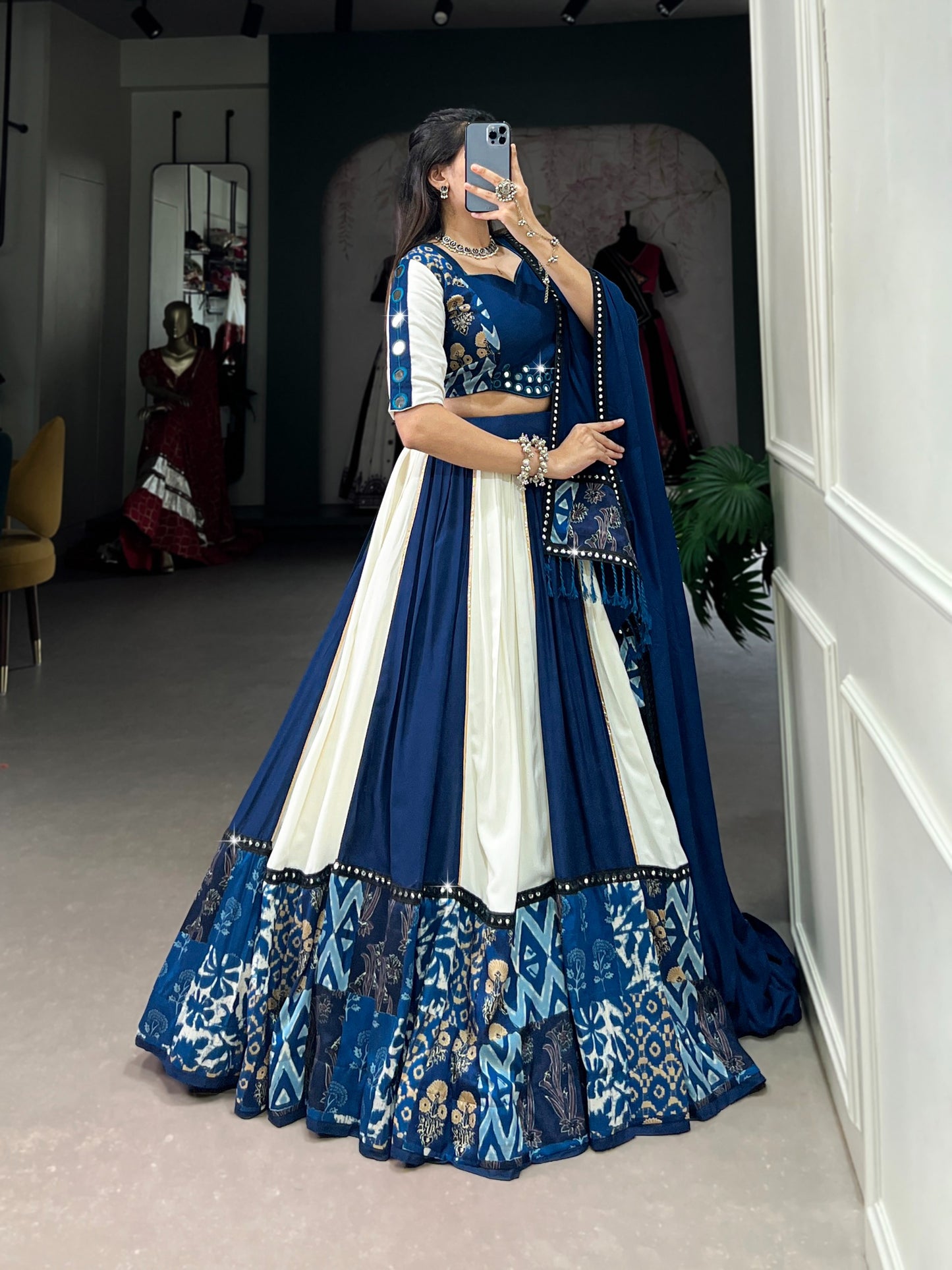 Royal Blue & Ivory Mirror Work Rayon Lehenga Choli Set with Dupatta