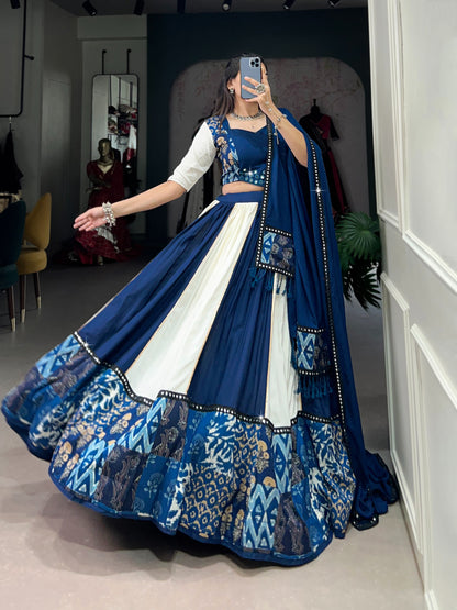 Royal Blue & Ivory Mirror Work Rayon Lehenga Choli Set with Dupatta