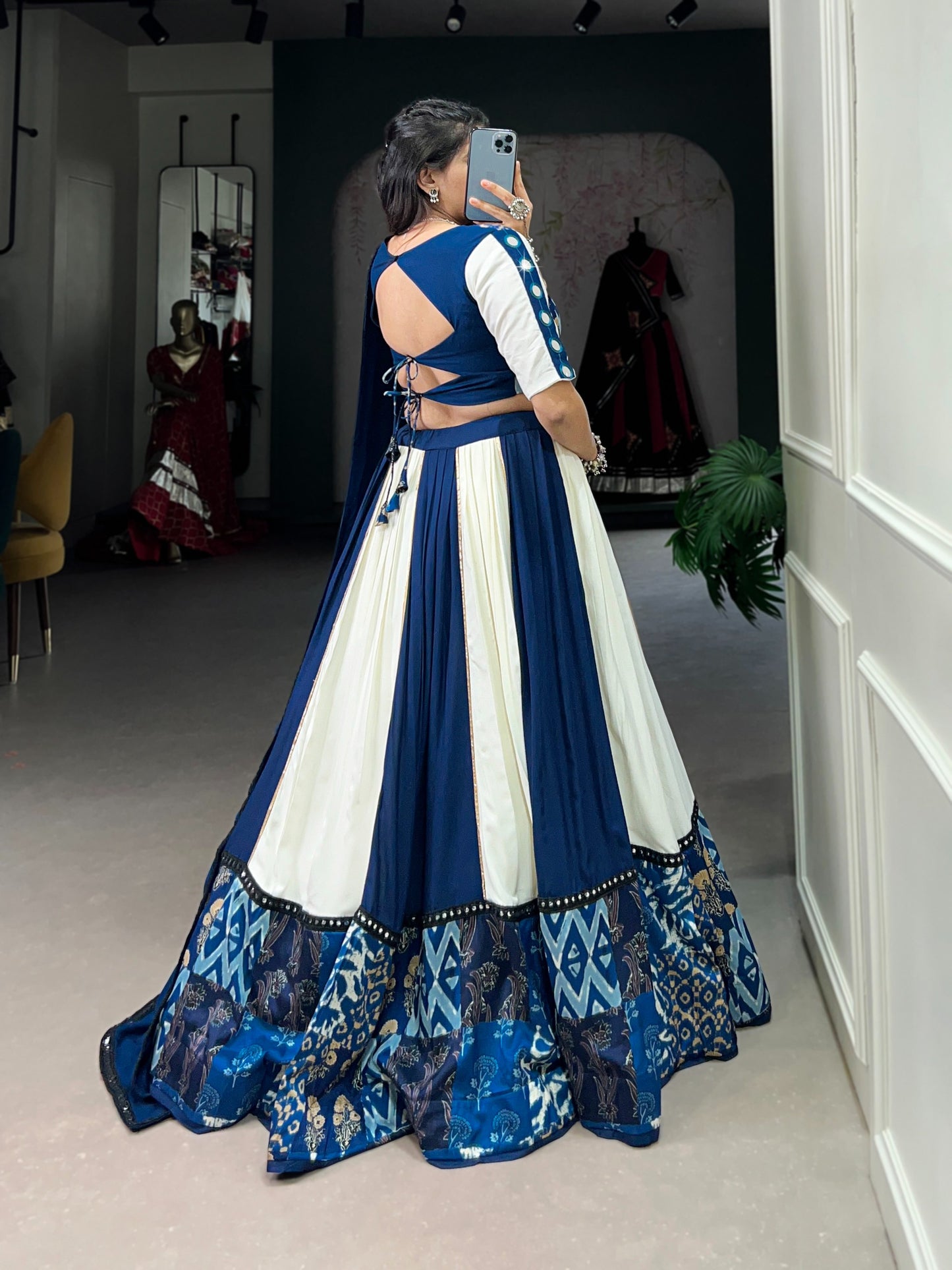 Royal Blue & Ivory Mirror Work Rayon Lehenga Choli Set with Dupatta