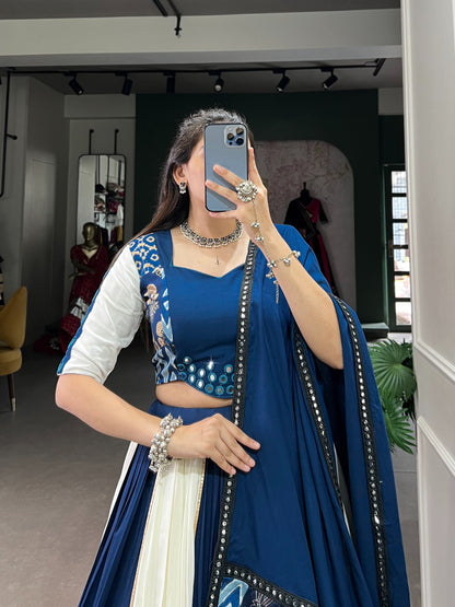 Royal Blue & Ivory Mirror Work Rayon Lehenga Choli Set with Dupatta
