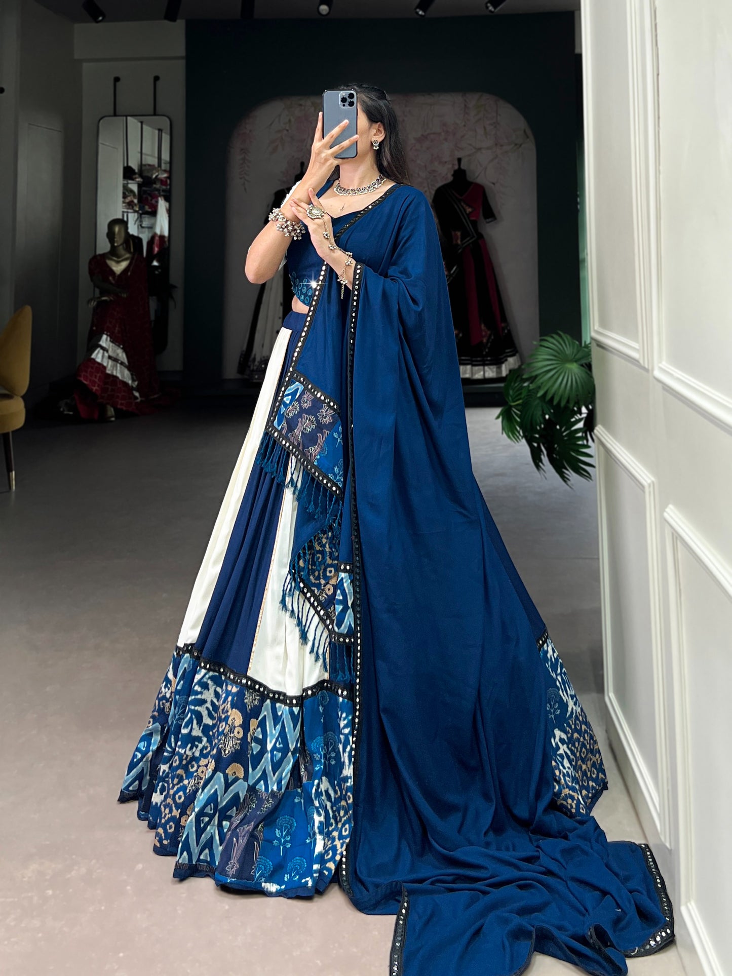 Royal Blue & Ivory Mirror Work Rayon Lehenga Choli Set with Dupatta