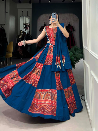 Deep Teal Blue & Red Foil Print Rayon Lehenga Choli Set with Kodi Lace
