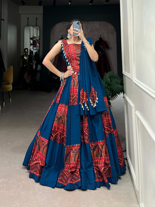 Deep Teal Blue & Red Foil Print Rayon Lehenga Choli Set with Kodi Lace