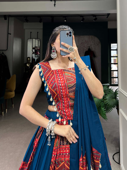 Deep Teal Blue & Red Foil Print Rayon Lehenga Choli Set with Kodi Lace