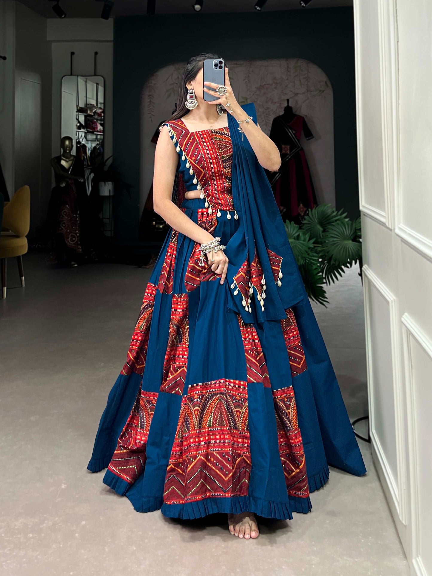 Deep Teal Blue & Red Foil Print Rayon Lehenga Choli Set with Kodi Lace
