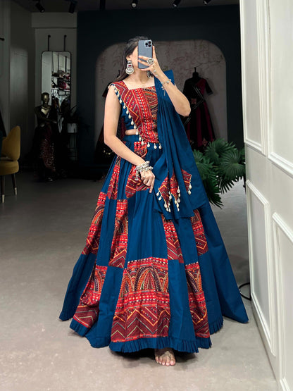 Deep Teal Blue & Red Foil Print Rayon Lehenga Choli Set with Kodi Lace