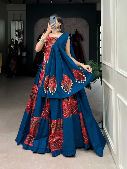 Deep Teal Blue & Red Foil Print Rayon Lehenga Choli Set with Kodi Lace
