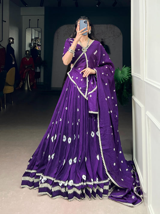 Royal Purple Bandhej Print Pure Chanderi Lehenga Choli Set with Dupatta