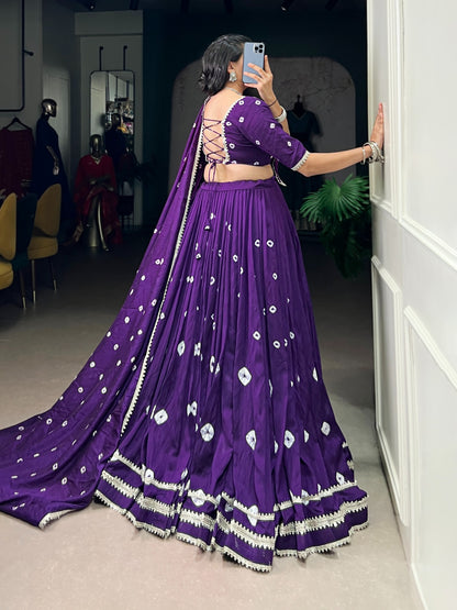 Royal Purple Bandhej Print Pure Chanderi Lehenga Choli Set with Dupatta