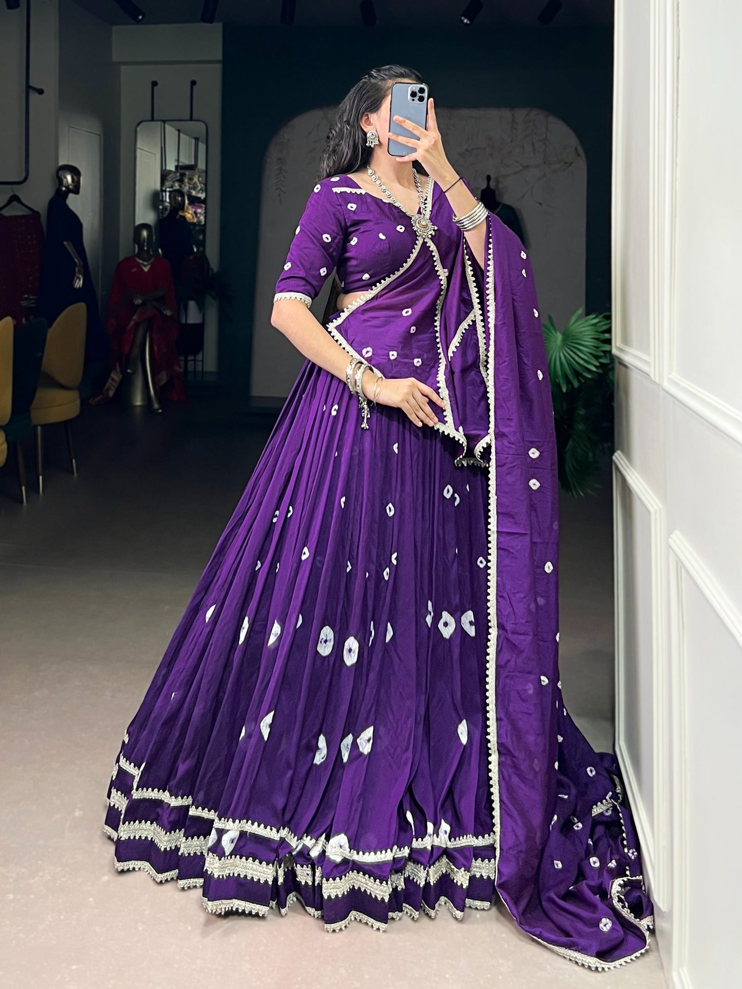 Royal Purple Bandhej Print Pure Chanderi Lehenga Choli Set with Dupatta