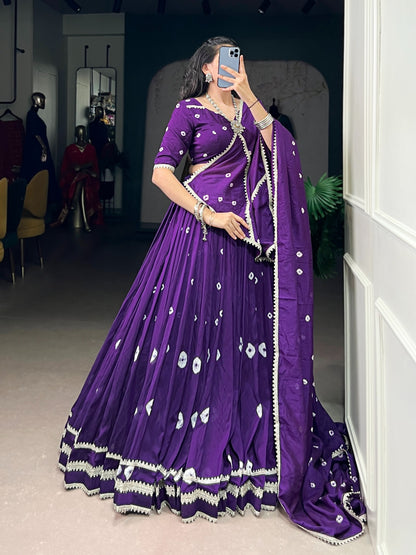 Royal Purple Bandhej Print Pure Chanderi Lehenga Choli Set with Dupatta