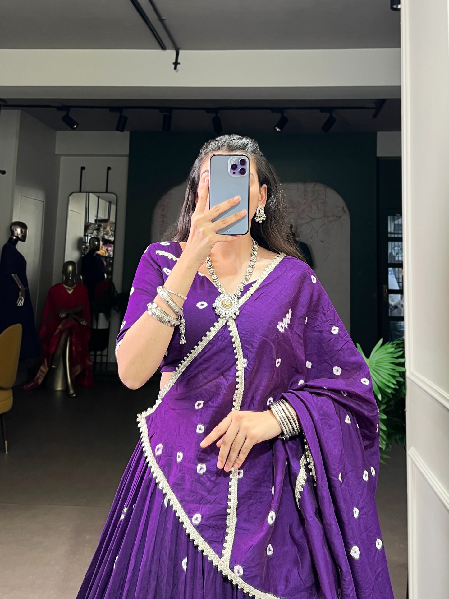Royal Purple Bandhej Print Pure Chanderi Lehenga Choli Set with Dupatta