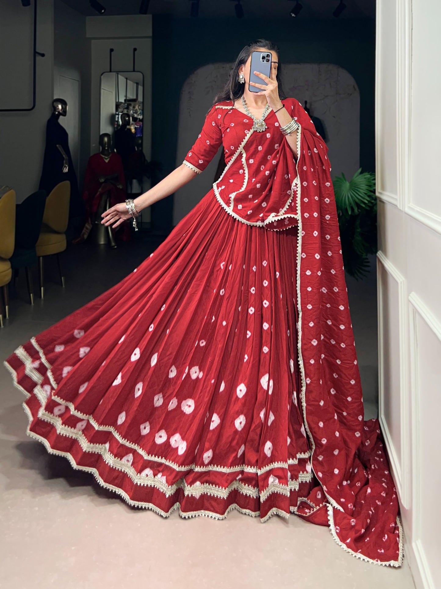Deep Red Bandhej Print Pure Chanderi Lehenga Choli Set with Dupatta