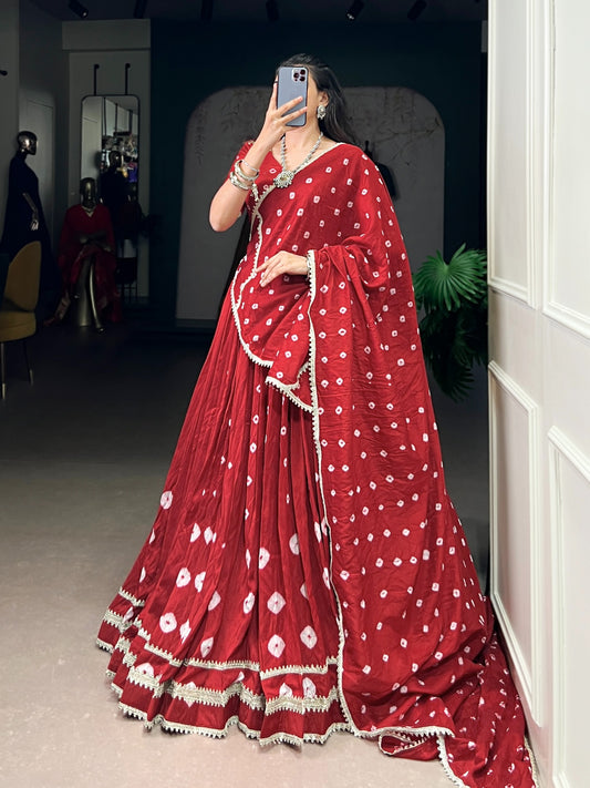 Deep Red Bandhej Print Pure Chanderi Lehenga Choli Set with Dupatta