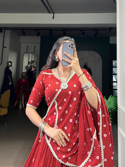 Deep Red Bandhej Print Pure Chanderi Lehenga Choli Set with Dupatta