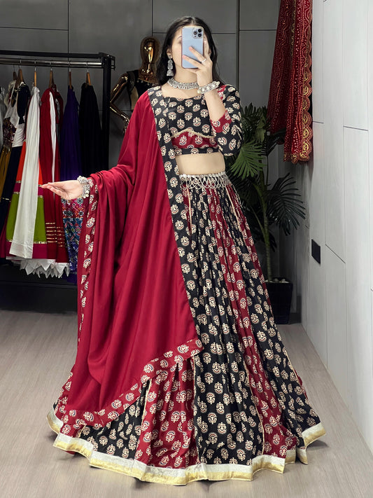 Black, Maroon & Ivory Ajrakh Print Rayon Cotton Lehenga Choli Set with Dupatta