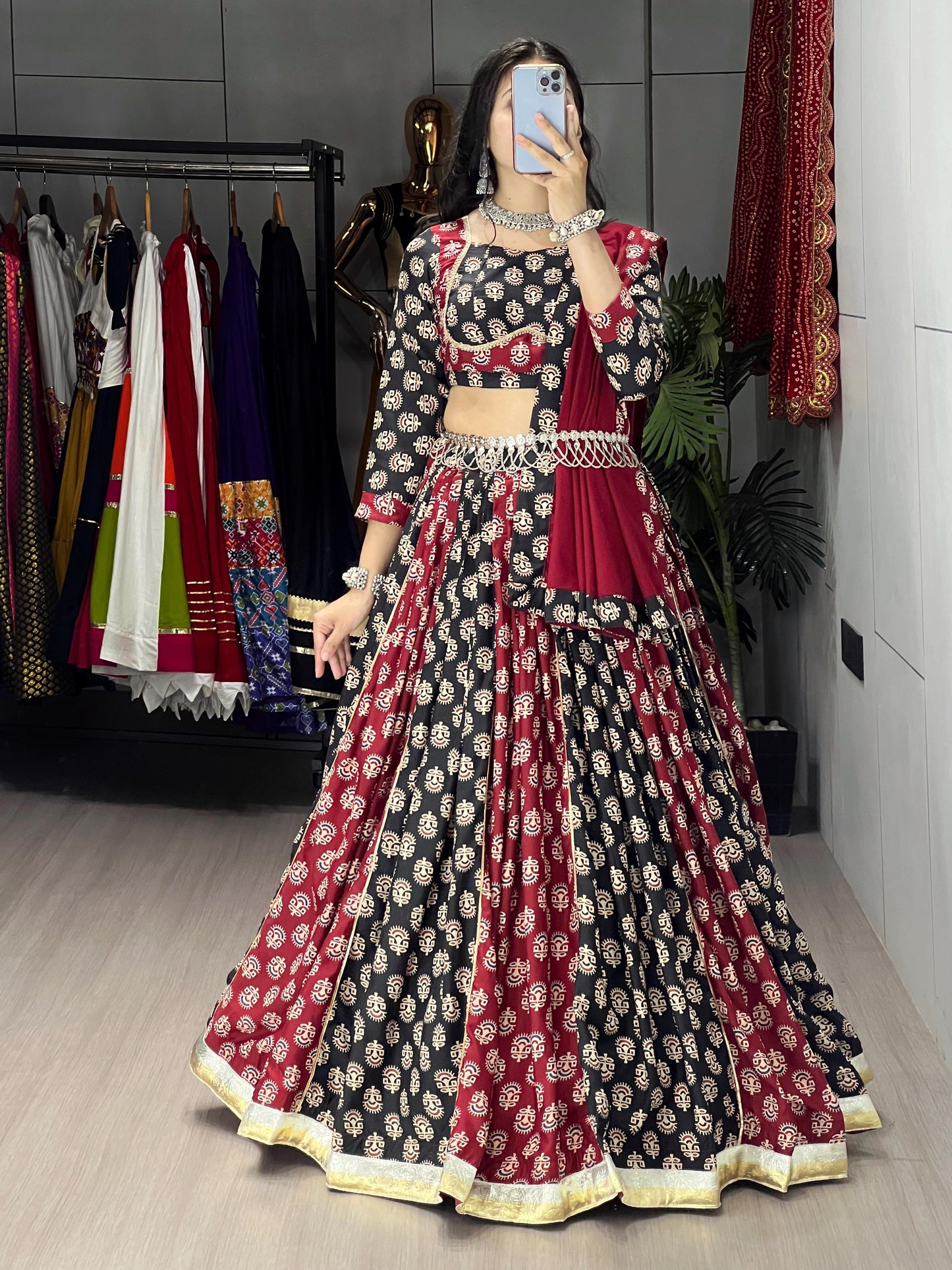 Black, Maroon & Ivory Ajrakh Print Rayon Cotton Lehenga Choli Set with Dupatta