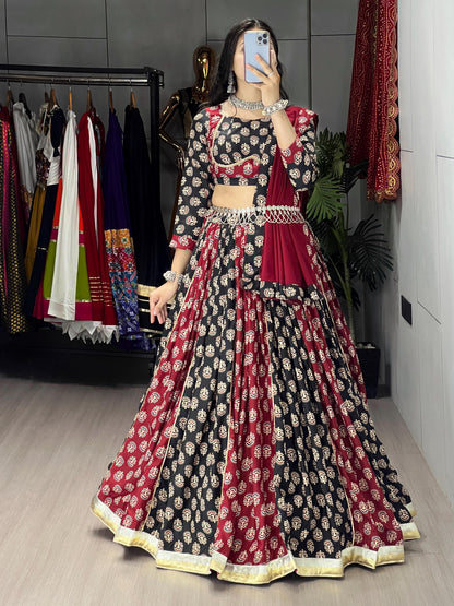 Black, Maroon & Ivory Ajrakh Print Rayon Cotton Lehenga Choli Set with Dupatta